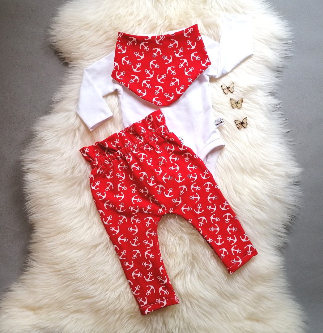 Babyset 4-teilig Paperback Hose Halstuch Stirnband Shirt mit amerikanischem Ausschnitt Langarm oder Kurzarm Anker rot Größe 50 bis 80 2