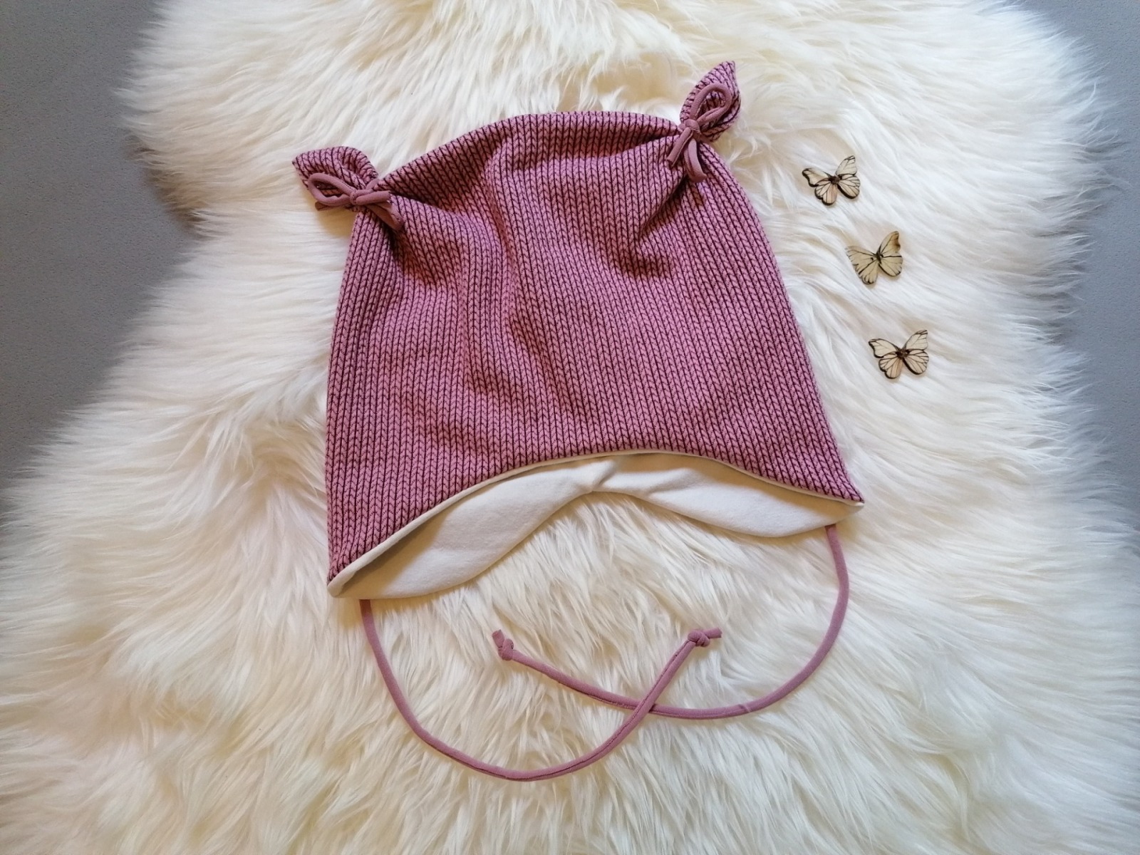 Baby Kind Ohrenmütze mit und ohne Bindebänder Kopfumfang 35 - 52cm Knit Knit Altrosa Babymütze Bindemütze Mütze mit Ohren 3