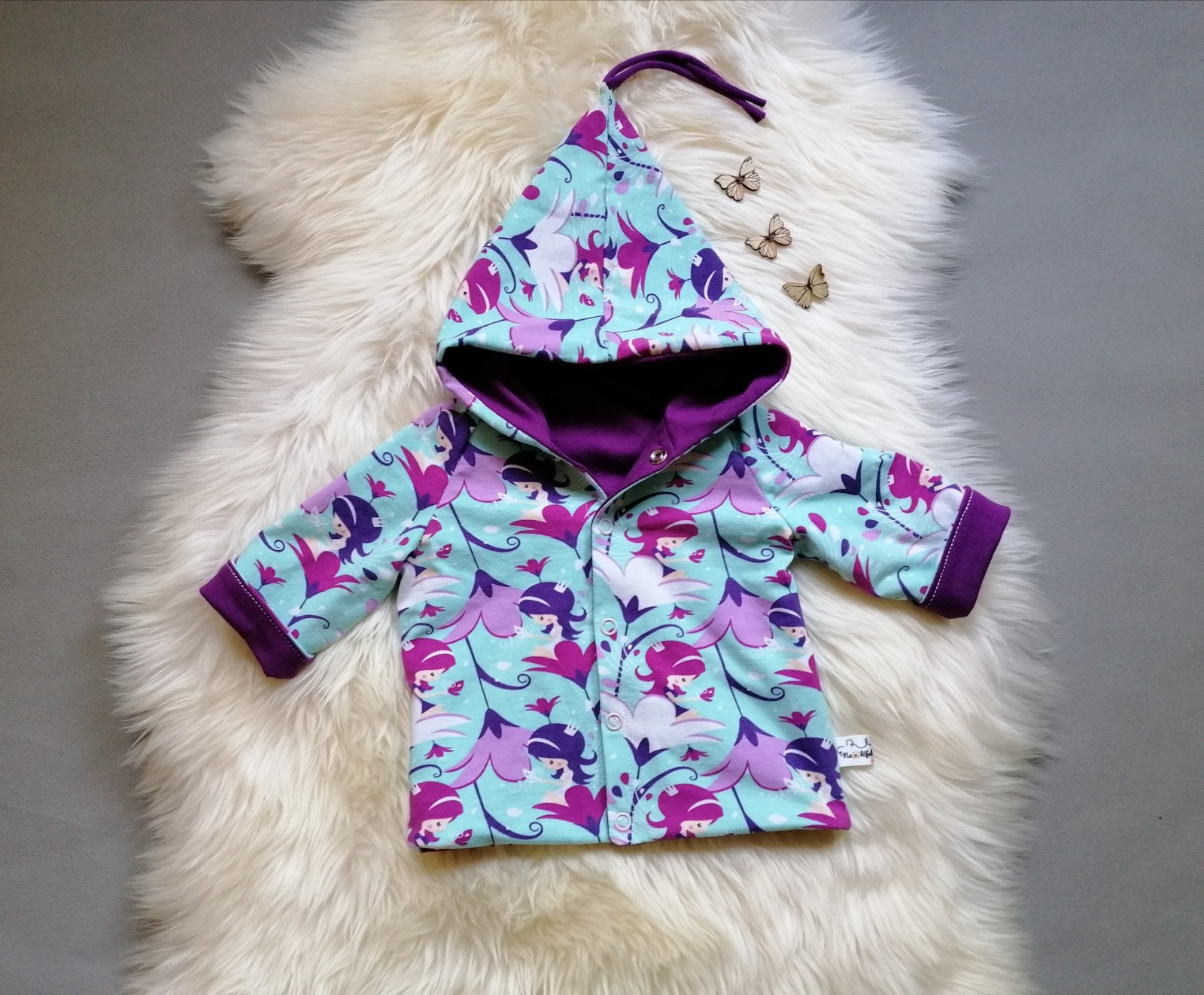 Wendejacke für Babys und Kinder Größe 62 mit Zipfelkapuze Elfenschwestern mint lila - Einzelstück