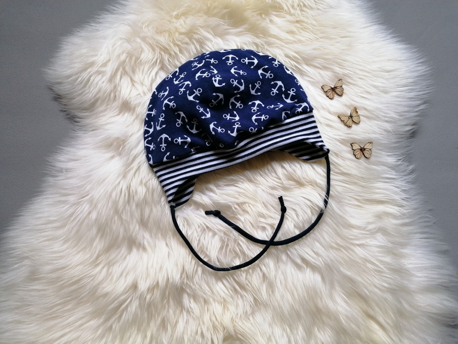 Baby Kind Mütze kopfnah geschnitten mit und ohne Bindebändern Anker blau Kopfumfang 37 - 54cm Bindemütze mit Bündchen