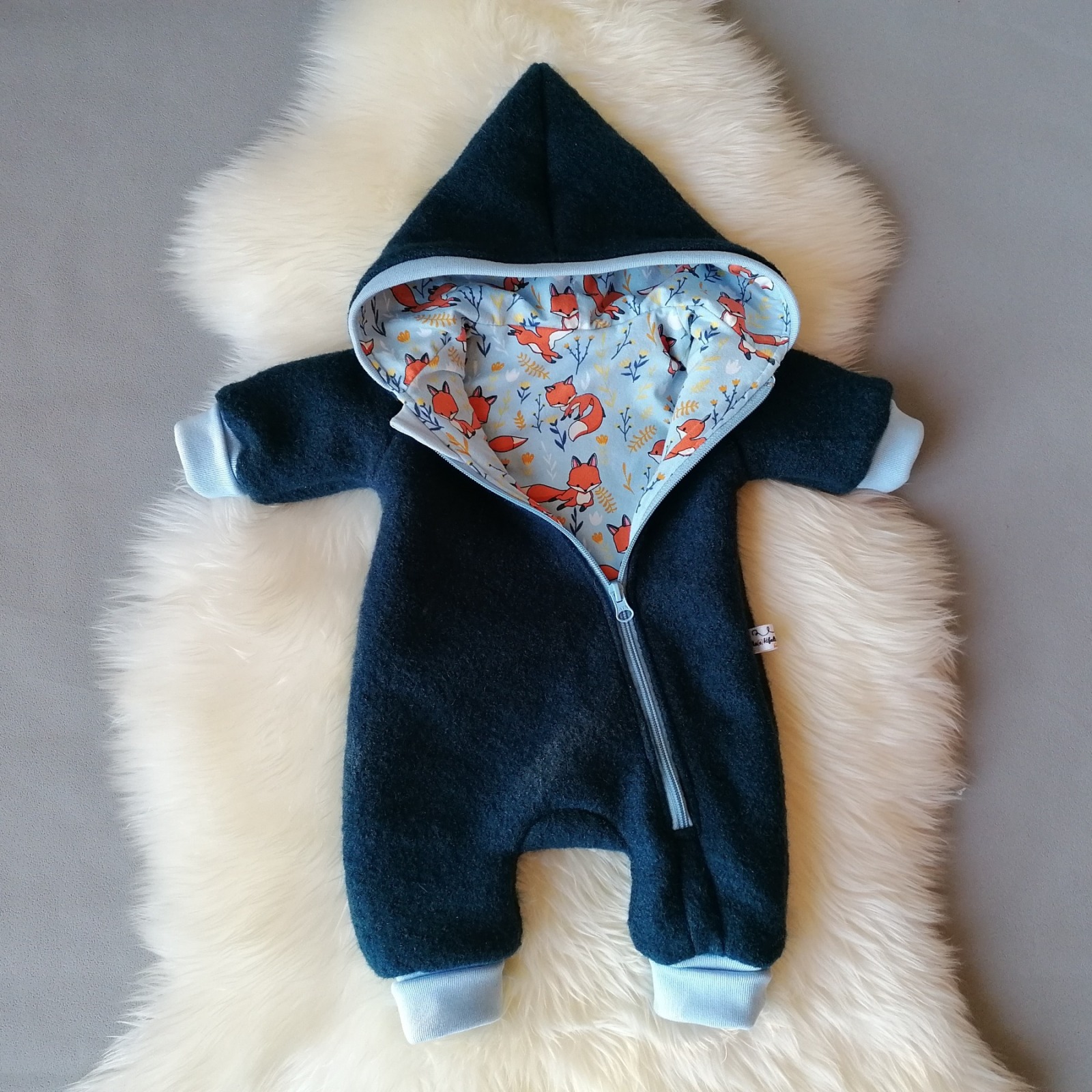 Walkoverall mit Reißverschluss für Babys und Kinder Petrol gefüttert mit Jersey Füchse hellblau Größe 50 bis 92/98 Walkloden Anzug