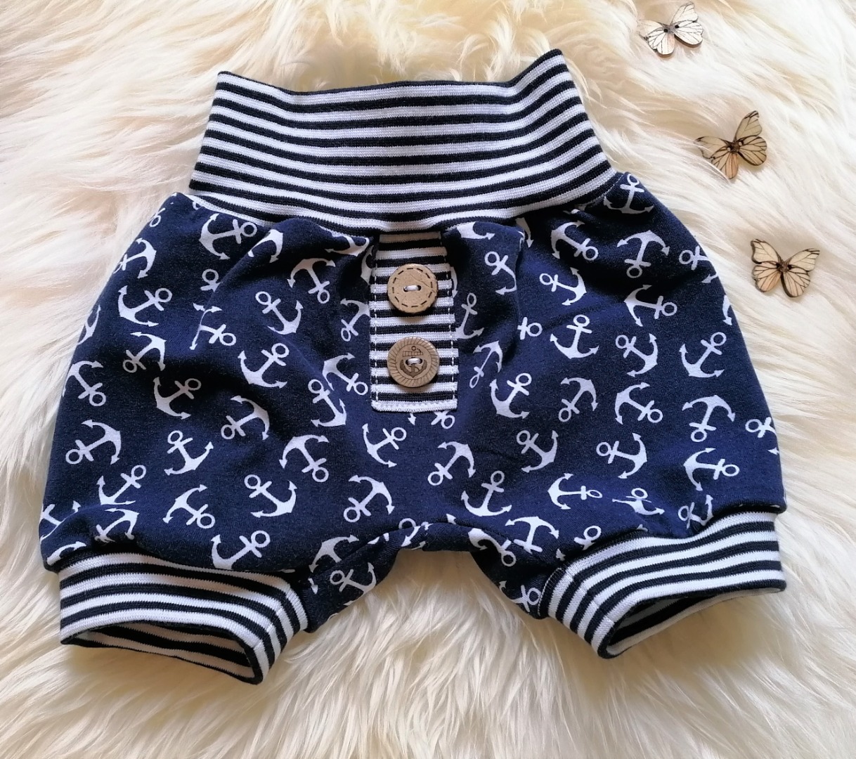 Baby Kind Kurze Pumphose Shorts kleine Anker nachtblau fast schwarz mit Knöpfen Größe 56-116 Babyhose mitwachsende Sommerhose Babyshorts 4