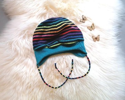 Baby Kind Mütze kopfnah geschnitten mit und ohne Bindebändern Streifen schwarz bunt Regenbogen Kopfumfang 37 - 54cm Bindemütze mit Bündchen - farbenfrohe Babymütze in den Farben des Regenbogen