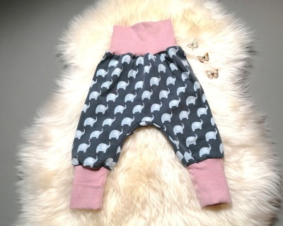 Baby Kind Pumphose in Wunschgröße 50/56 62/68 74/80 Elefanten grau-rosa - Elefanten - Babyhose mitwachsend und bequem