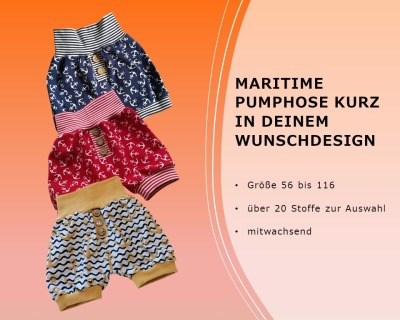 Maritime kurze Pumphose Shorts Größe 56-116 für Babys und Kinder im Wunschdesign - kurze Babyhose mit Fake - Knopfleiste in Deinem Anker-Wunschstoff