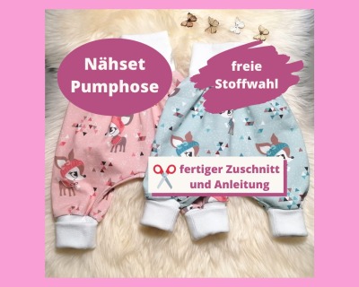 Nähset Pumphose für Babys Kinder - Nähkit Zuschnitt für eine Pumphose in Wunschgröße 44 - 86/92 und mit freier Stoffauswahl - fertiger Zuschnitt für eine Baby-Pumphose