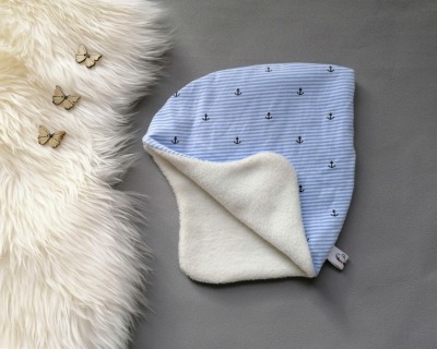 Ohrenmütze Zipfelmütze in Wunschgröße mit Jersey- Fleece- oder Plüschfutter kleine Anker und Streifen hellblau - maritime Babymütze für jede Jahreszeit