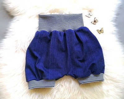 Baby Kind kurze Pumphose aus Jersey in Jeansoptik blau in Wunschgröße erhältlich Größe 56-116 mitwachsende Sommerhose - kurze Hose in Jeansoptik für Babys und Kinder in zeitlosen Farben