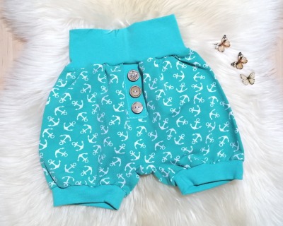 Sofortkauf Kurze Pumphose 98-104 Baby Kind Shorts Anker mint mit Knöpfen - maritime sommerliche Babyhose mit hübschen Zierknöpfen in Mint