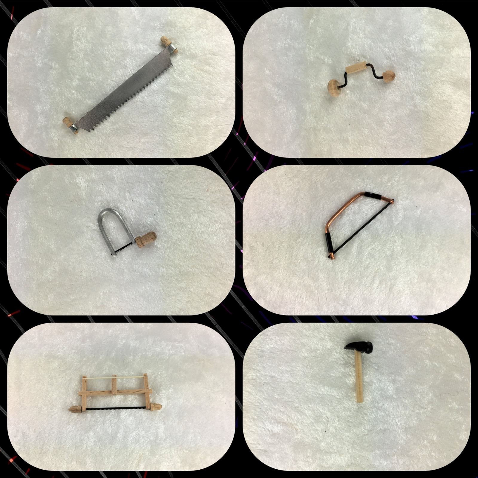 Werkzeug, Hobel, Laubsäge, Hammer, Baumsäge, Rahmensäge, Bügelsäge für die Puppenstube, das