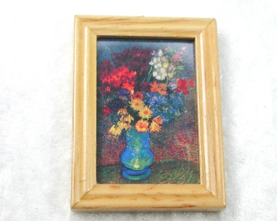 Gemäldekopie Blumenstrauß im Holzrahmen 4,5 x 5,5 x 0,5 cm - Puppenhauszubehör,
