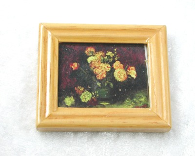 Gemäldekopie Gelbe Rosen im Holzrahmen 3x 4x 0,5 cm - Puppenhauszubehör, Puppenstubenzubehör,