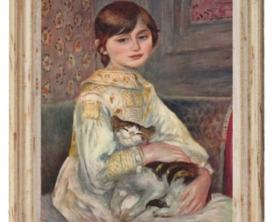 Gemäldekopie Mädchen mit Katze 4,5 x 5,5 x 0,5 cm im Holzrahmen - Puppenhauszubehör,