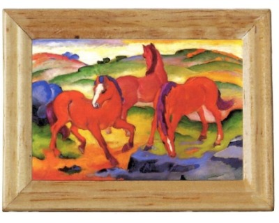 Gemäldekopie Rote Pferde 4,5 x 5,5 x 0,5 cm im Holzrahmen, - Puppenhauszubehör,