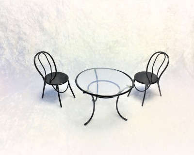 Runder Tisch mit zwei Stühlen aus schwarzem Metall - Puppenstube Miniaturen Kleiner Tisch Runder