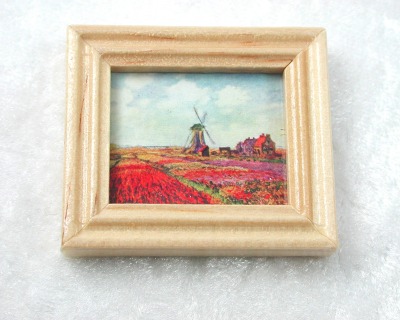 Gemäldekopie Monet Windmühlen im Holzrahmen 3x 4x 0,5 cm - Puppenhauszubehör,