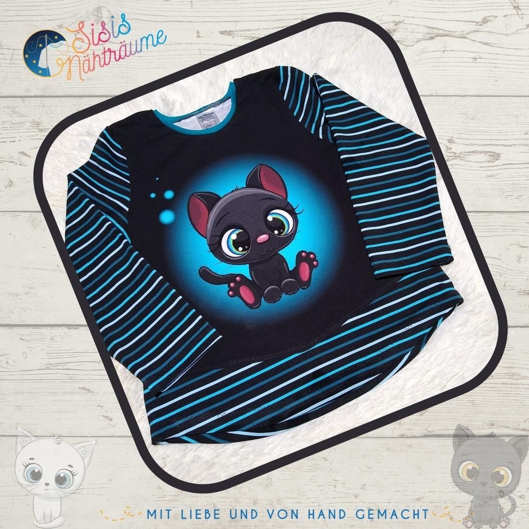 Sofortkauf Handmade Langarmshirt in Blautönen geringelt mit Katzenmotiv Gr 110 Sisis Nähträume