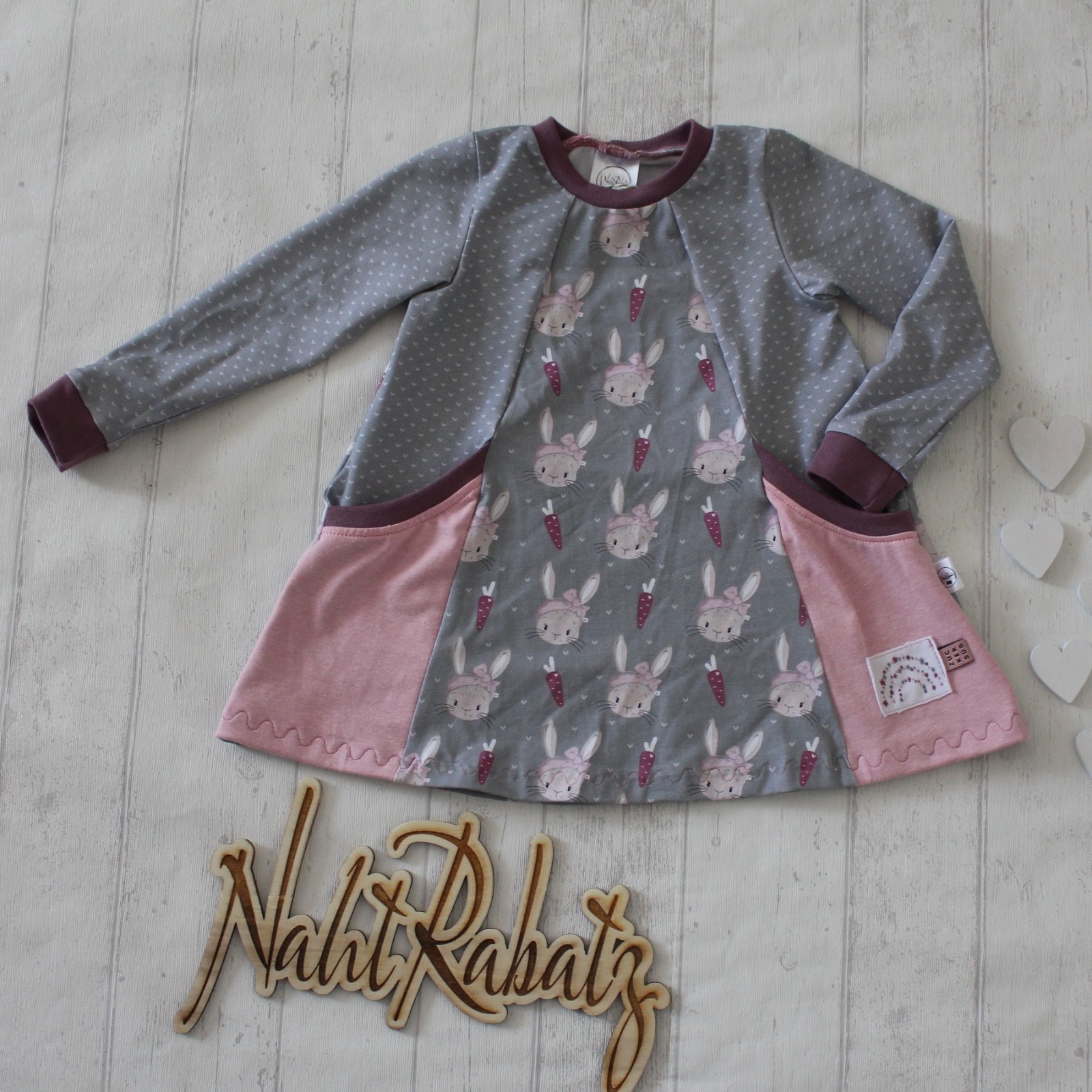 Sofortkauf Handmade Kleid Tunika Häschen grau rosa Gr. 86/92 von NahtRabatz