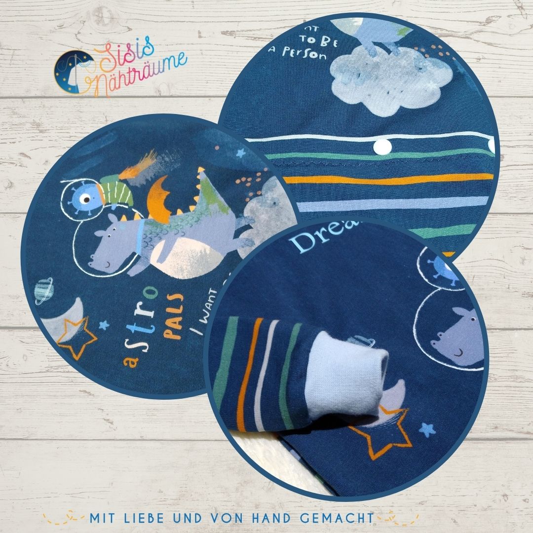 Kauf auf Bestellung Handmade Babyschlafsack in blau gestreift mit Motiv und Schriftzug Gr 56-92