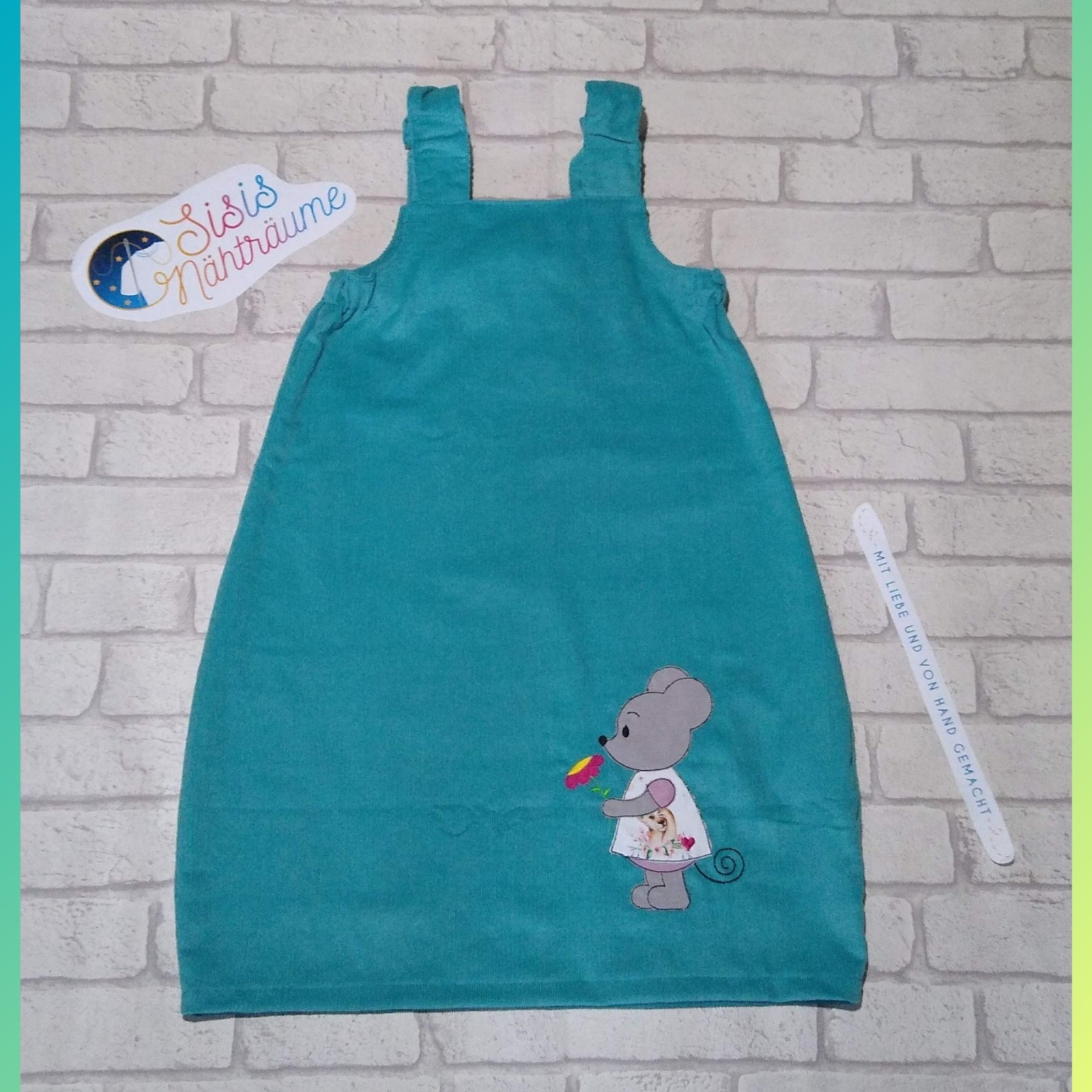 Sofortkauf Handmade Cord Kleid in Türkis mit Doodleapplikation Gr 110/116 Sisis Nähträume