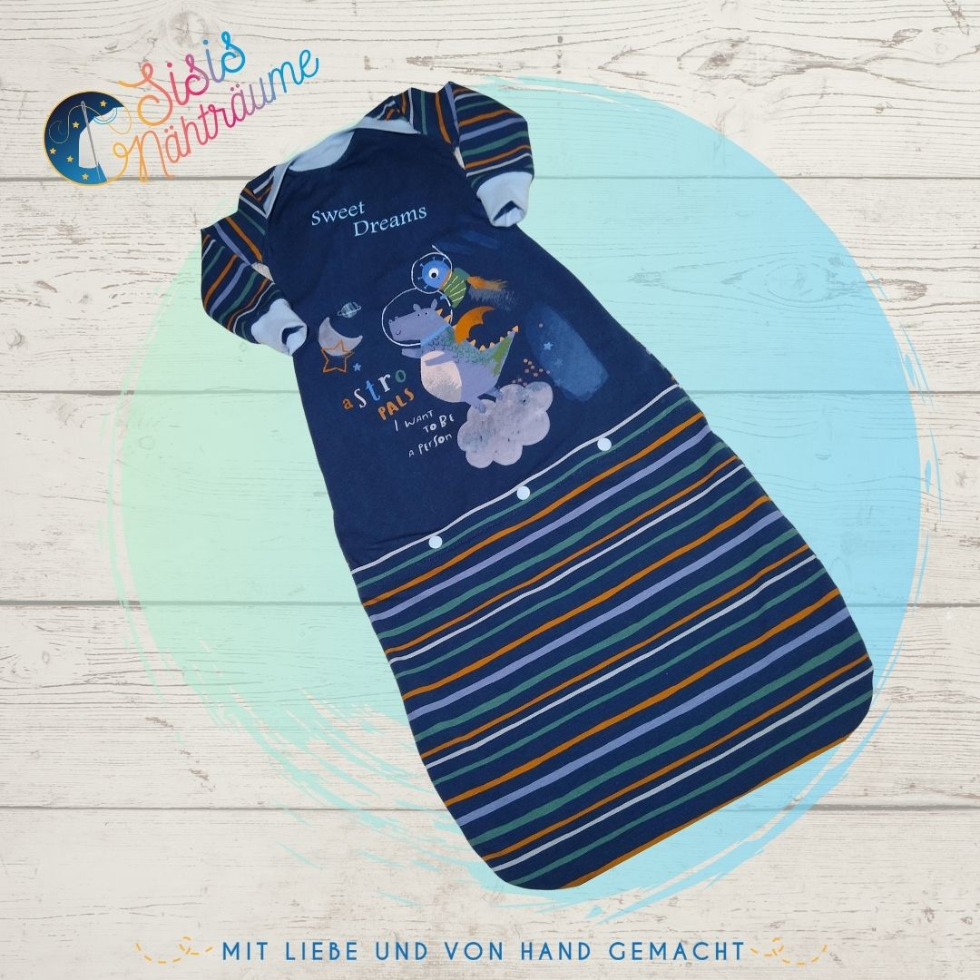 Sofortkauf Handmade Babyschlafsack in blau gestreift mit Motiv und Schriftzug Gr 74 Sisis Nähträum