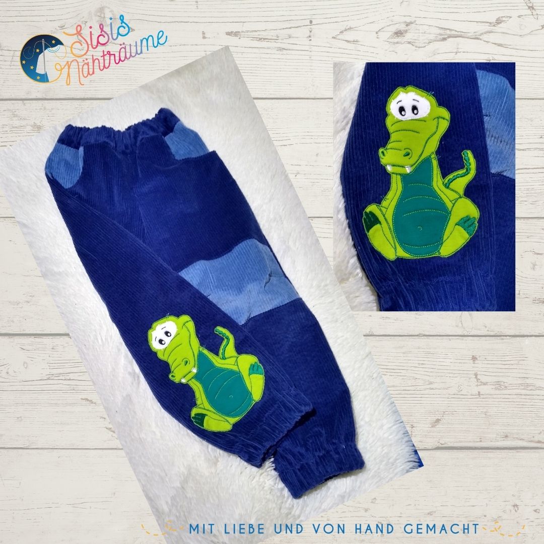 Sofortkauf Handmade Cordhose in blau mit Stretchanteil und Krokodil Applikation Gr 110/116 Sisis Nä