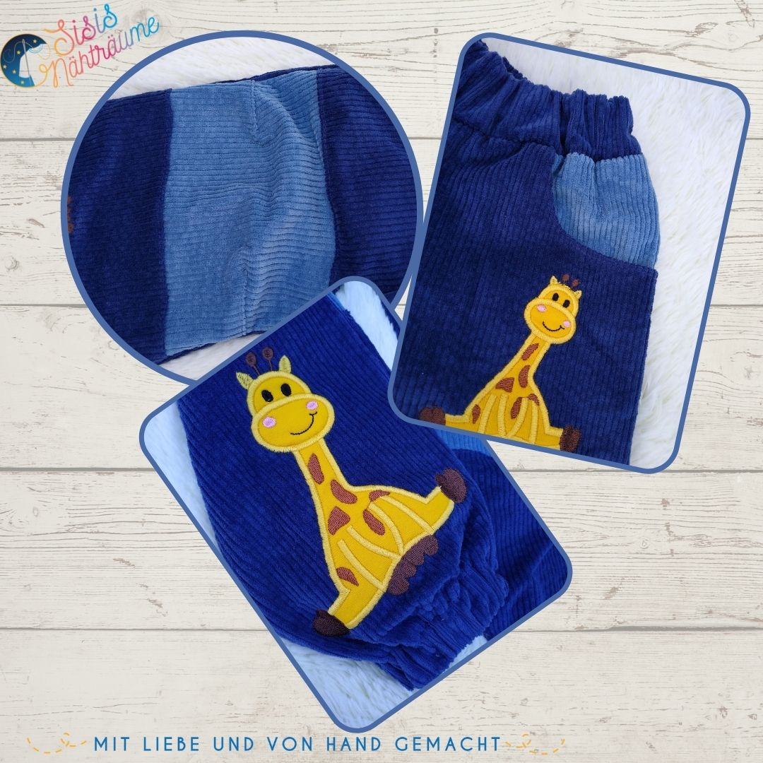 Sofortkauf Handmade Cordhose in blau mit zwei Giraffenapplikationen Gr 104 Sisis Nähträume 2