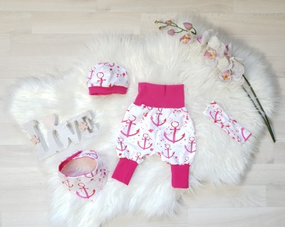 Sofortkauf Handmade Set Newborn Anker pink Gr 50-56 Tweeschen Mood - Handmade Pumphose Set Newborn für Babys