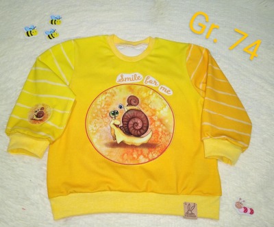 Sofortkauf Handmade Langarmshirt in sonnigen Gelbtönen mit Schneckenmotiv Gr 74 Sisis Nähträume - handgefertigtes Langarmshirt für Kinder