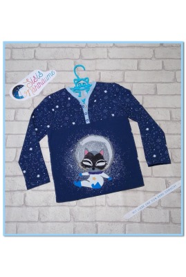 Sofortkauf Handmade Langarmshirt mit Knopfleiste in blau mit Weltraummuster und kleinem Astronaut Gr 110 Sisis Nähträume - handgefertigtes Langarmshirt für Kinder