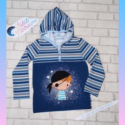 Sofortkauf Handmade Langarmshirt mit Kapuze grau/blau gestreift mit Pirat Gr 98 Gr 110 Sisis Nähträume - Handmade Langarmshirt für Kinder