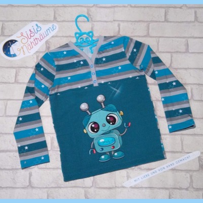 Sofortkauf Handmade Langarmshirt mit Knopfleiste in Petrol und Petrol/grau gestreift mit Roboter Gr