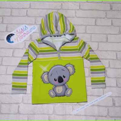 Sofortkauf Handmade Langarmshirt mit Kapuze gün und grüngrau gestreift mit Koala Gr 104 Sisis Nähträume - Handmade Langarmshirt mit Kapuze für Kinder