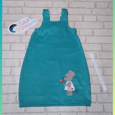 Sofortkauf Handmade Cord Kleid in Türkis mit Doodleapplikation Gr 110/116 Sisis Nähträume -