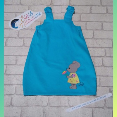 Sofortkauf Handmade Cord Kleid in Türkis mit Doodleapplikation Gr 86/92 Sisis Nähträume -
