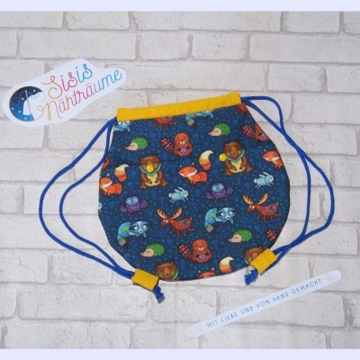 Sofortkauf Handmade Kinderturnbeutel aus Softshell in blau mit Waldtieren Sisis Nähträume - Handmade Turnbeutel für Kinder