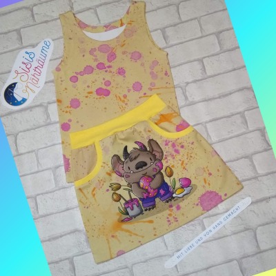 Sofortkauf Handmade Set aus Rock & Shirt in hellem Gelb mit Muster & Monsterchen Sisis Nähträume Gr 128 - Handgenähtes Set für Kinder