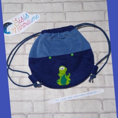Sofortkauf Handmade Kinderturnbeutel aus Cord in blau mit Krokodil Applikation Sisis Nähträume -