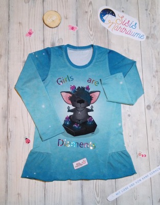 Sofortkauf Handmade Langarmshirt in blau mit Motiv und Schrift in Regenbogenglitzer Gr 122 Sisis Nähträume - handgefertigtes Langarmshirt für Kinder