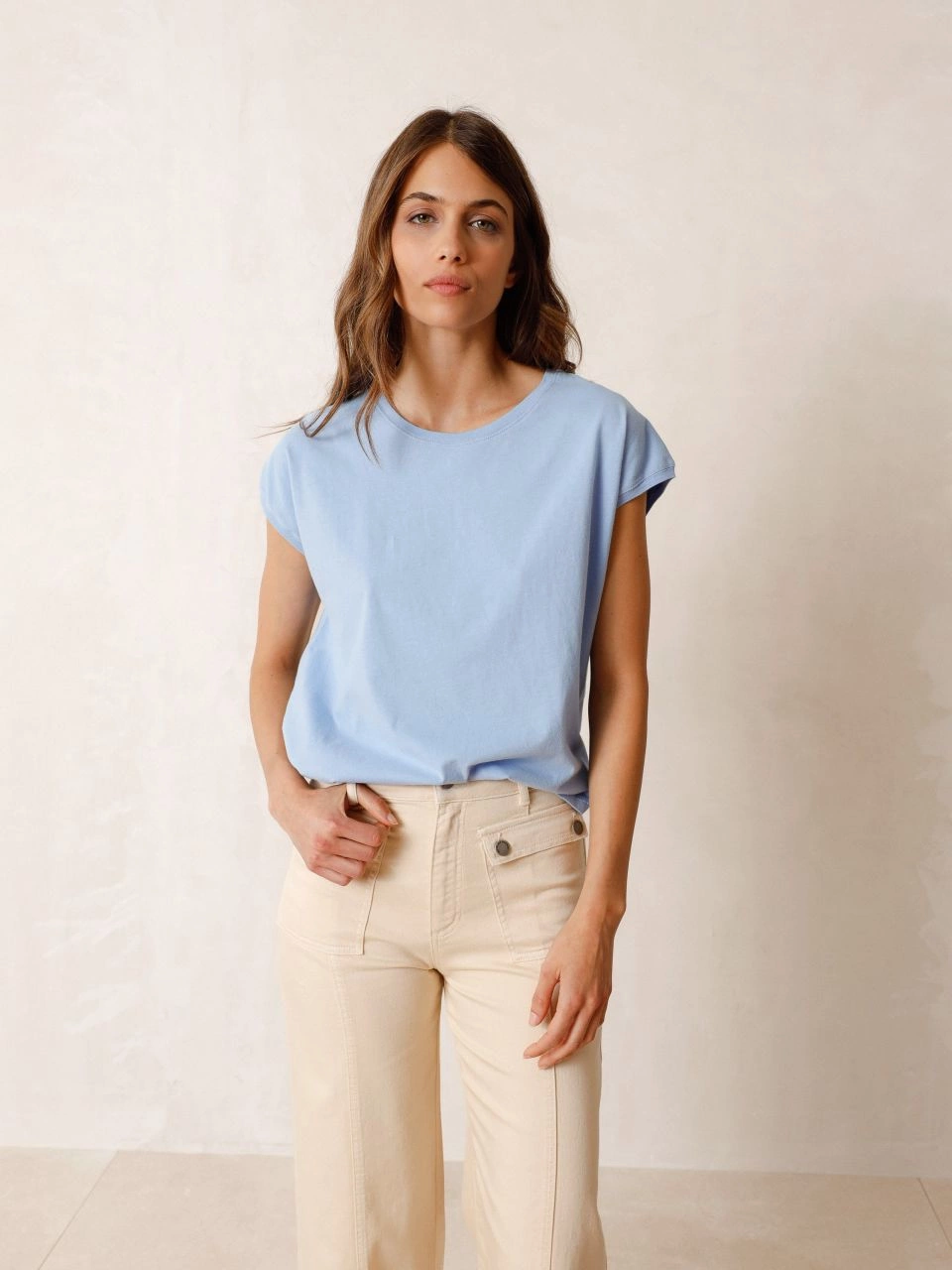 indi&amp;cold - CAP SLEEVE SHIRT IN ORGANIC COTTON - Glacial Blue