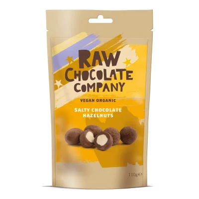 THE RAW CHOCOLATE COMPANY - Salzige Schokoladen-Haselnüsse 110g - vegane Bio-kompostierbare Packung