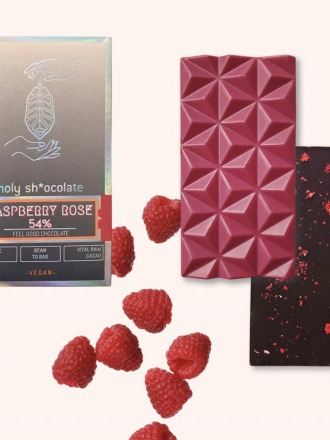 HOLY SHOCOLATE - RASPBERRY ROSE beerig fruchtig mit einem Hauch Rose - vegane Schokolade 60 weniger