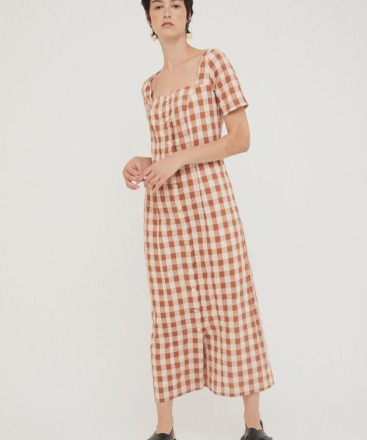 RITA ROW - Maria Long Dress Brown Check - Ethically Made In Portugal