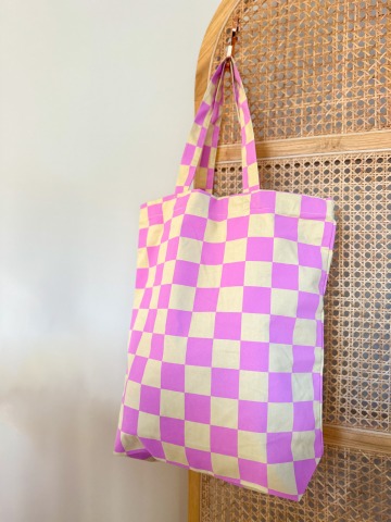 Kadodesign - Cotton Bag Checkerboard yellow pink - 100% Cotton