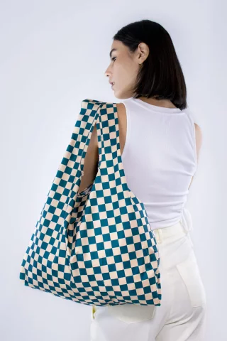 KIND BAG LONDON - Checkerboard Teal &amp; Beige | Medium - 100% recycled &amp; recyclable material shopping