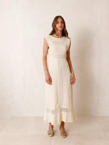 indi&amp;cold - MIDI DRESS IN DOUBLE COTTON GAUZE WITH LACE INSERTS - Ecru - 100% ORGANIC COTTON WOVEN