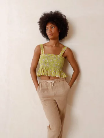 indi&amp;cold - ELASTIC CROP TOP WITH LIBERTY PRINT IN ORGANIC COTTON MUSLIN - Lime - 100% COTTON WOVEN
