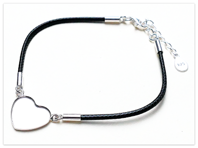 21cm schwarzes J String Armband Basis mit 14mm Silber Herz Cabochon Rohling, Silber Verschluss,