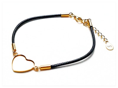 21cm schwarzes J String Armband Basis mit 14mm 24K Gelb Gold vergoldeten Silber Herz Cabochon
