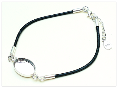 21cm schwarzes J String Armband Basis mit 14mm Silber ovalem Cabochon Rohling, Silber Verschluss,